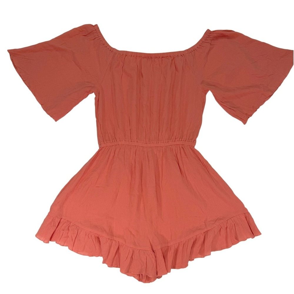 VENUS Off Shoulder Romper Size Small Coral Orange Ruffle Hem Boho Viscose - Picture 3 of 11